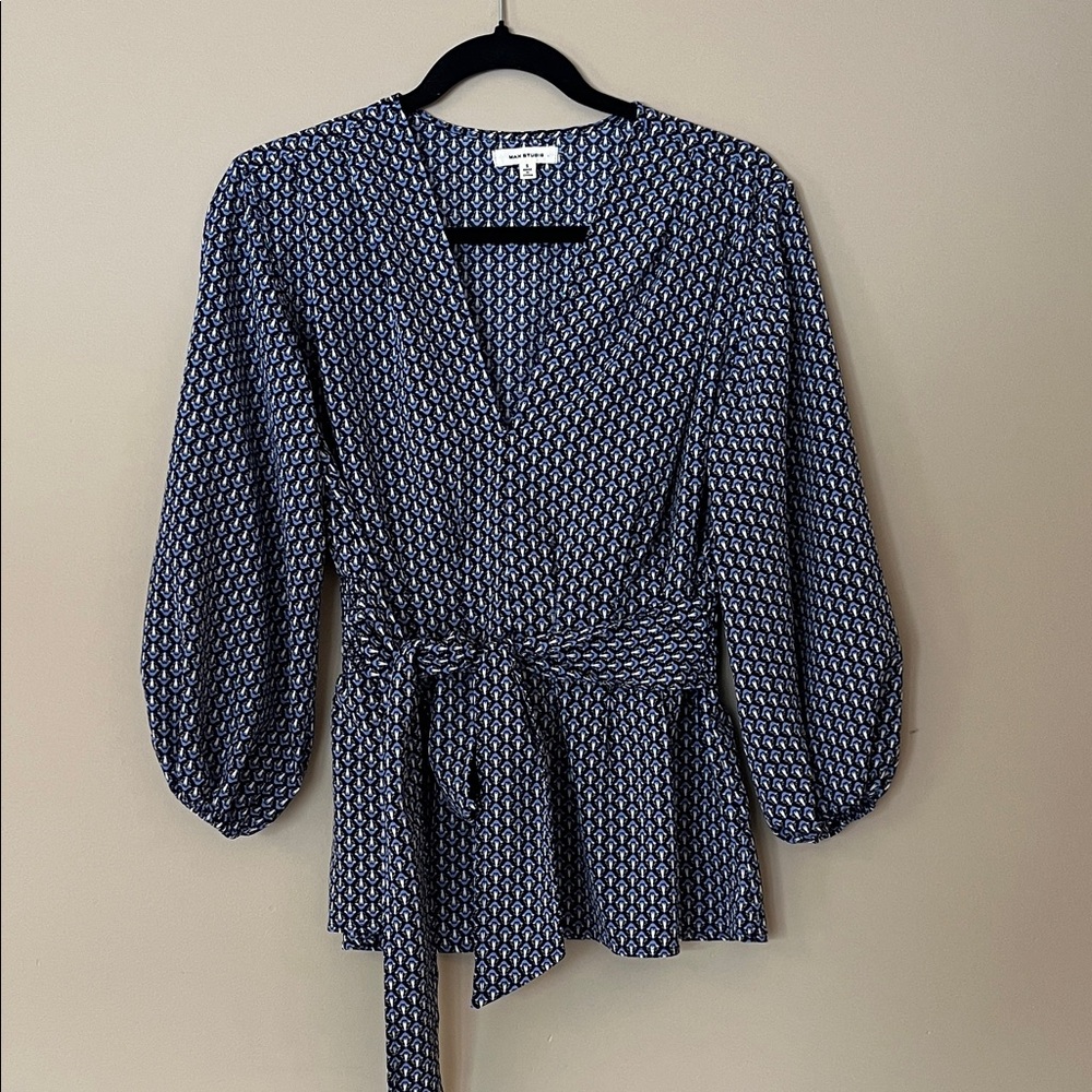 Navy & White Printed Faux Wrap Blouse with Tie Waist